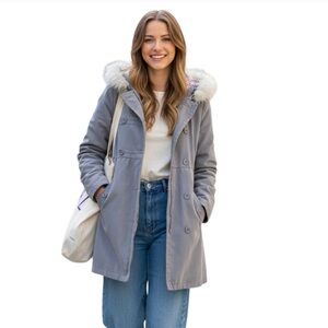 Billabong Vintage Fur Lined Hooded Trench‎ Coat Grey